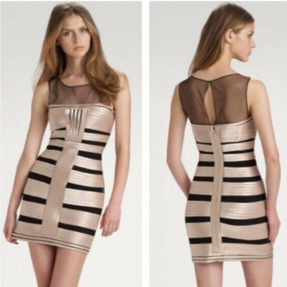 BCBG MaxAzria bandage dress champagne satin black mesh size 4 prom party bodycon